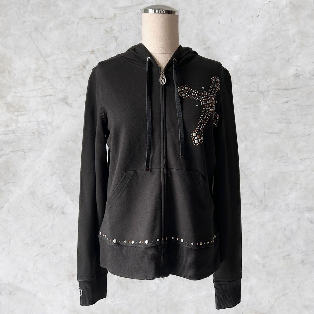 Christine Alexander Black Hoodie Womens Small Studded Cross Zip Front Sweatshirt